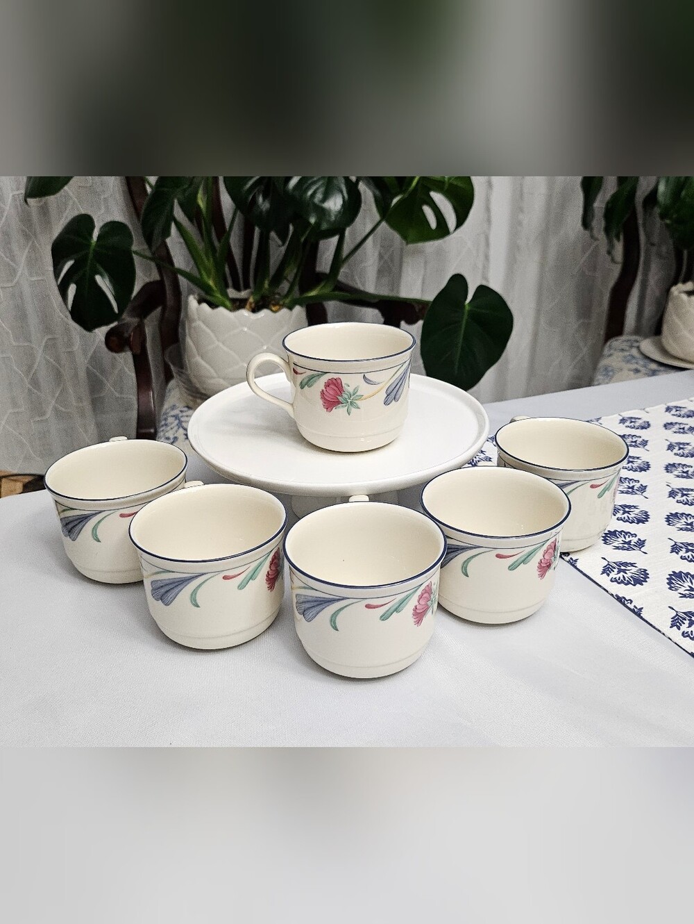 Lenox Poppies On Blue Coffee Cups Set Of 6 / Chinastone Vintage Tea Mugs USA